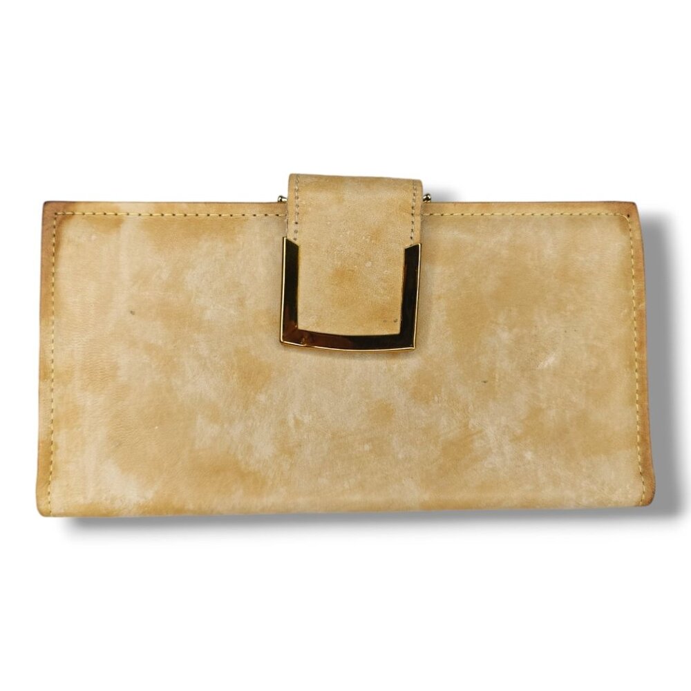 Vintage Crown Checkbook Wallet Beige Tan Cowhide Leather Kisslock Coin Pouch